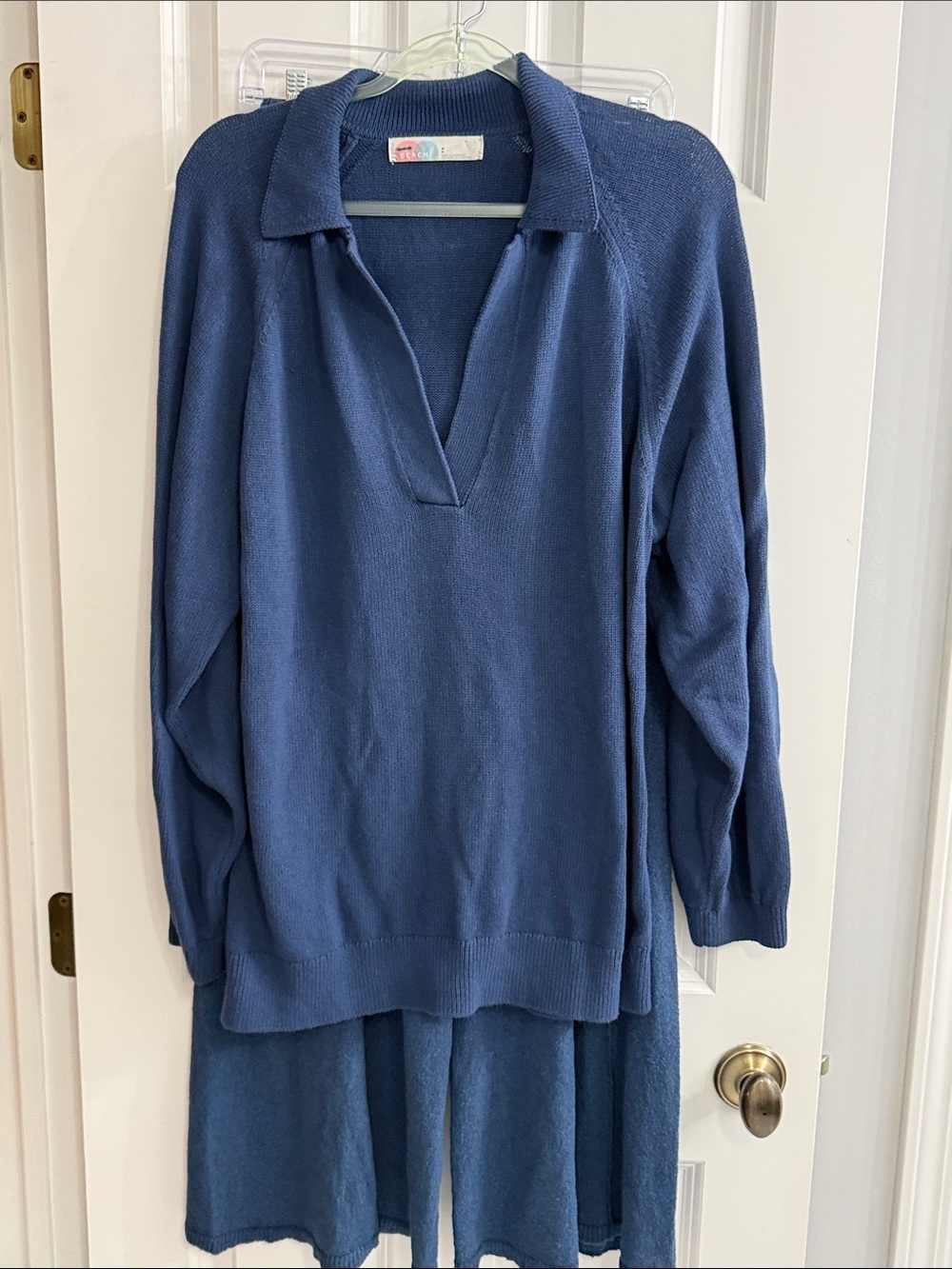 Free People Beach Navy Blue Collared V-Neck Sweater with pants NWOT